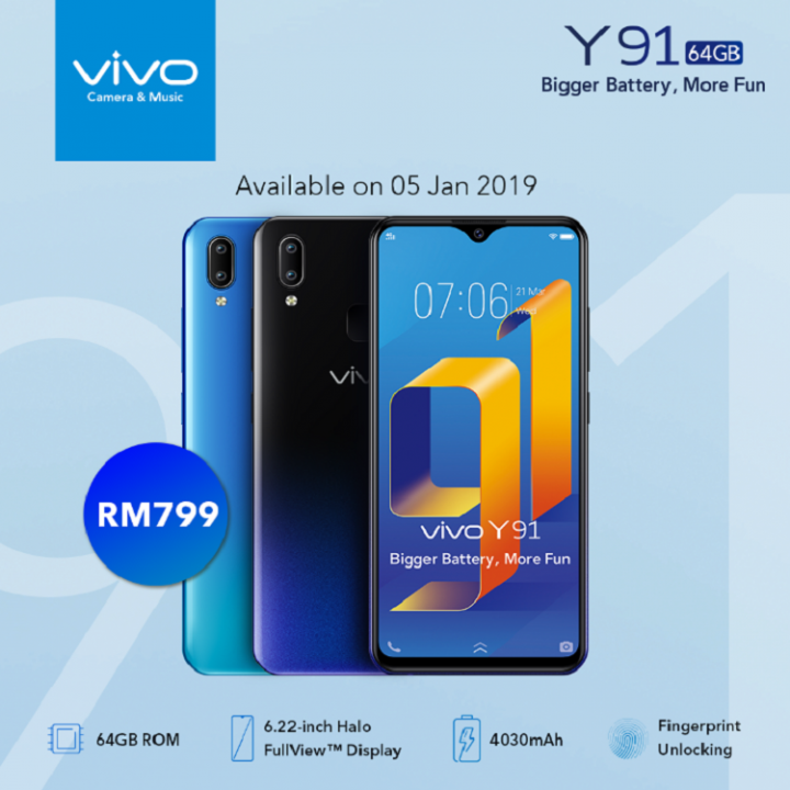 vivo Y91将在1月5日于大马正式发售！4030mAh+后置13MP+2MP双摄！仅售价RM799！