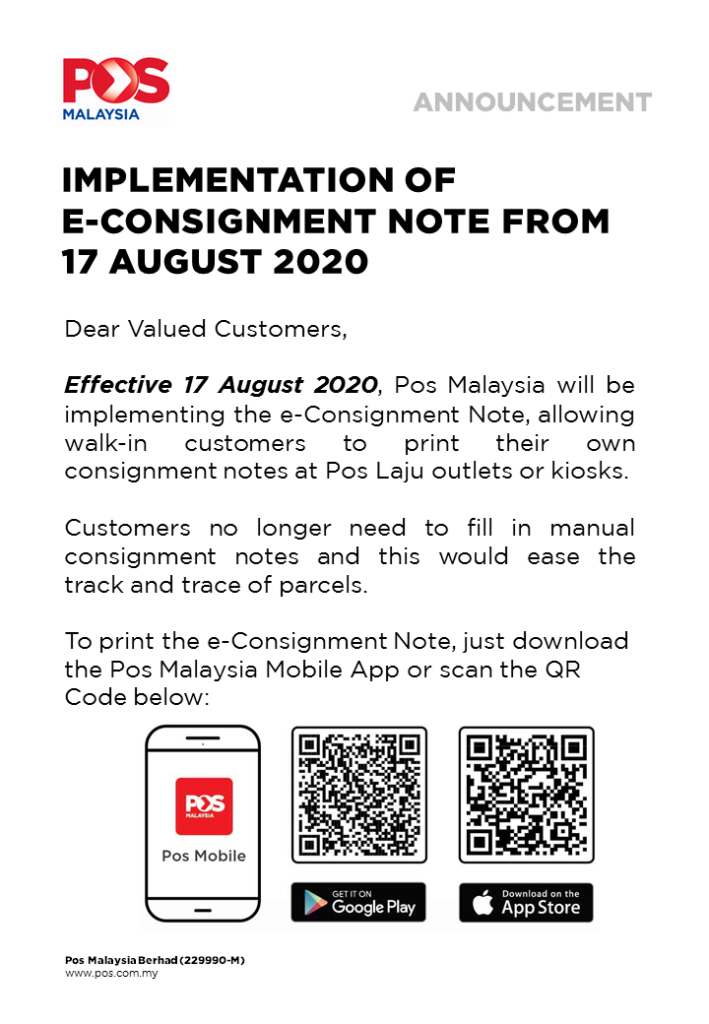 Pos Malaysia introduces e-Consignment Note so that you don't have to fill  up consignment notes!