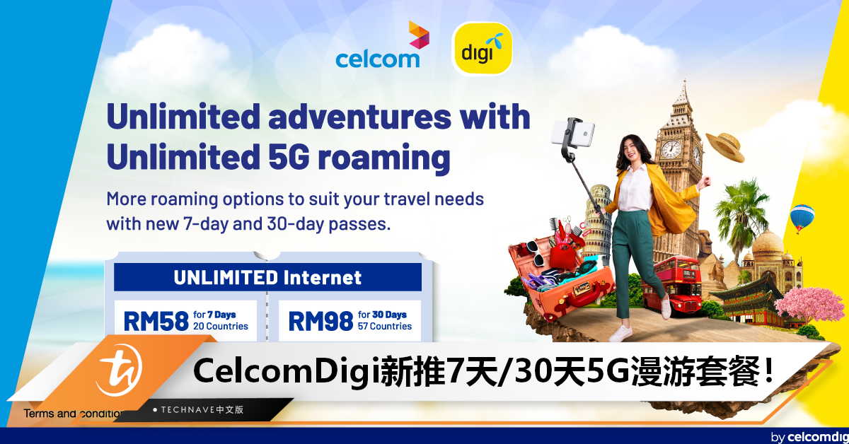 更多选择！CelcomDigi新推2款5G漫游套餐，可选7天/30天无限上网！