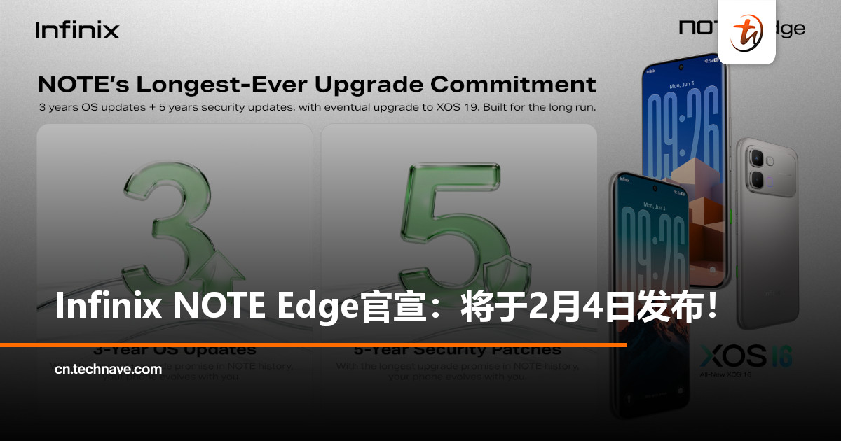 官宣！Infinix NOTE Edge 2月4日发布：承诺3+5年超长软件更新！