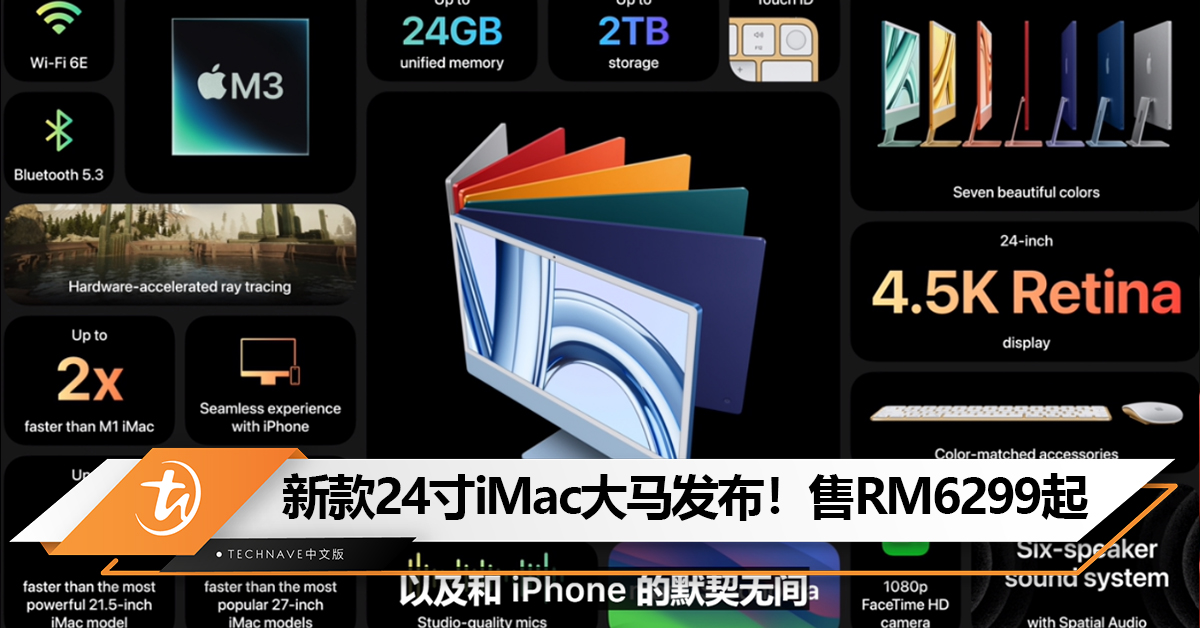 时隔近3年！Apple新款24寸iMac大马发布！搭载M3芯片、7种配色选择！售RM6299起！