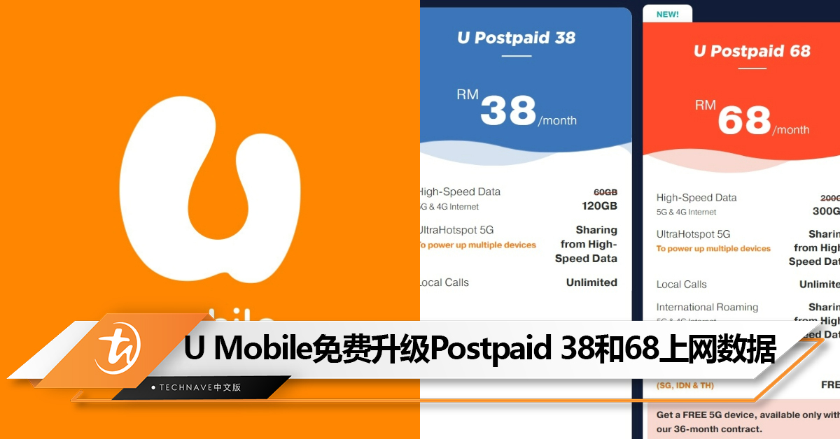 加量不加价！U Mobile悄悄升级U Postpaid 38和68 数据，最高达300GB！