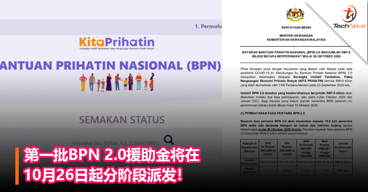 第一批BPN 2.0援助金将在10月26日起分阶段派发！