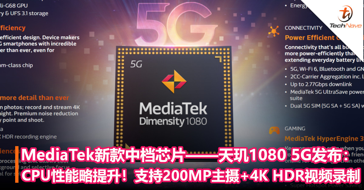 MediaTek新款中档芯片——天玑1080 5G发布：CPU性能略提升！支持200MP主摄+4K HDR视频录制