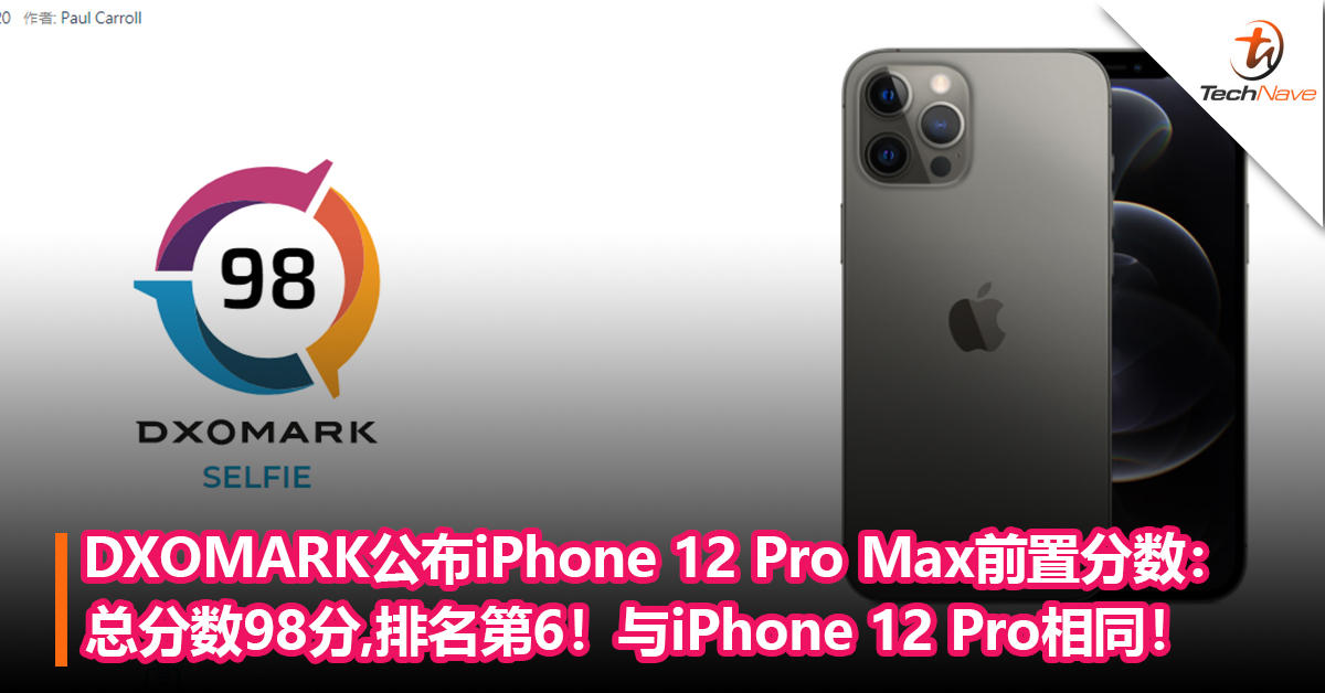 DXOMARK公布iPhone 12 Pro Max前置分数：总分数98分,排名第6！