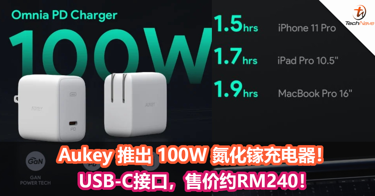 Aukey 推出 100W 氮化镓充电器！USB-C接口，售价约RM240！