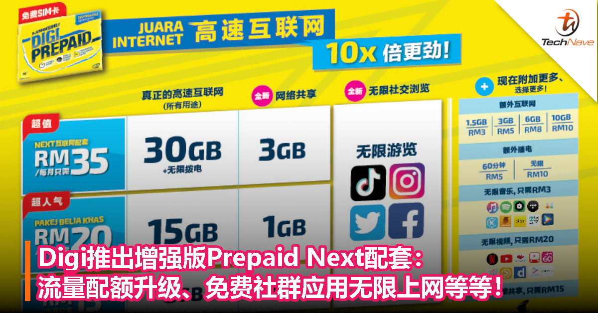 Digi推出增强版Prepaid Next配套：流量配额升级、免费社群应用无限上网等等！