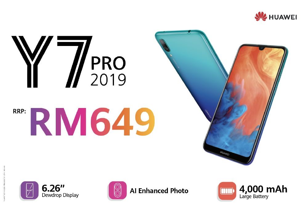 售价RM649，6.26寸珍珠屏设计，3GB RAM + 32GB ROM，13MP + 2MP后置镜头，Huawei Y7 Pro 2019大马正式发布！