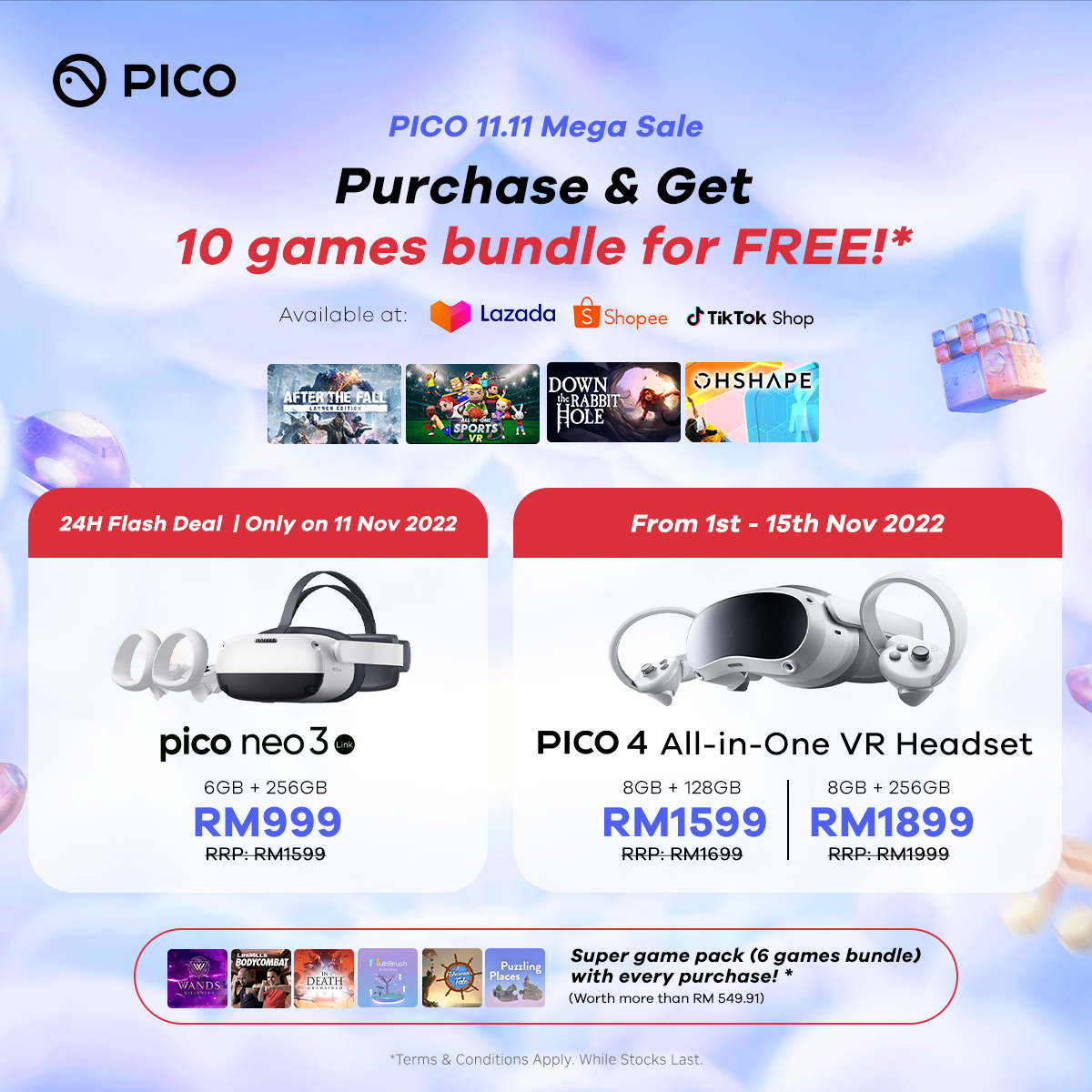 PICO 举办11.11 限时促销：PICO 4 优惠价RM1599起；PICO Neo 3 Link 闪