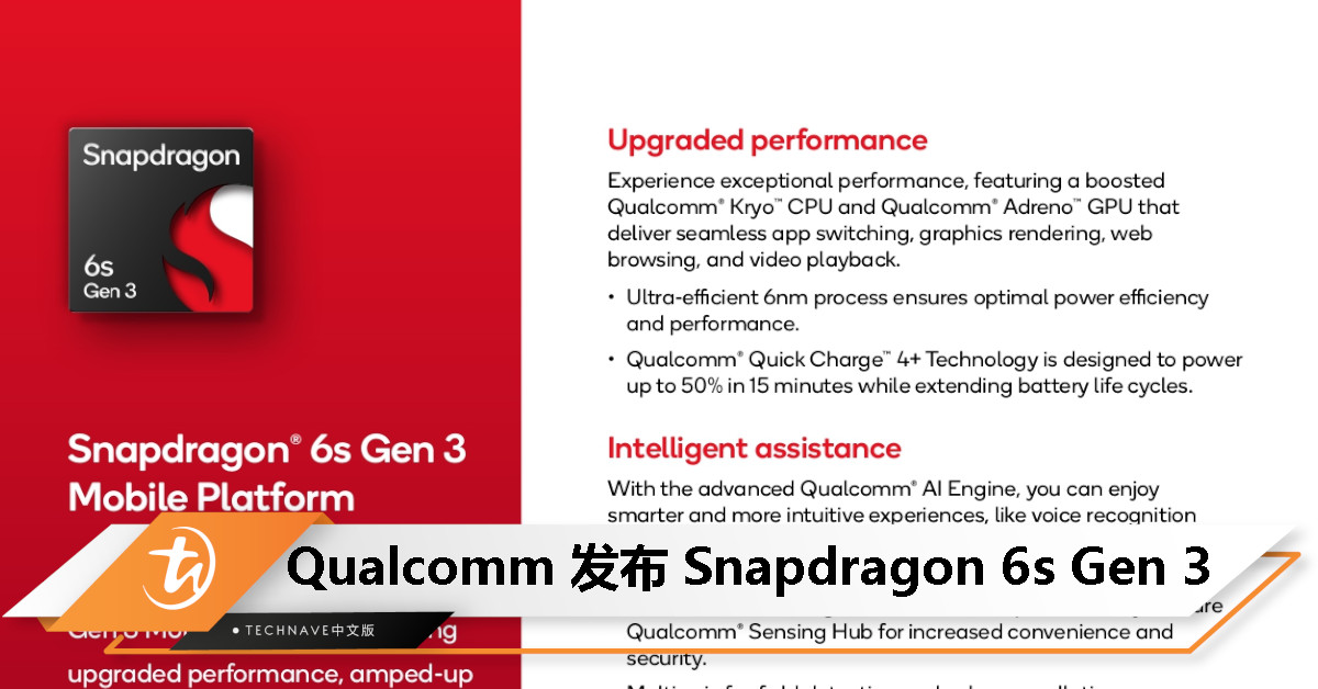 Snapdragon 6s Gen 3处理器发布：6nm工艺、专为中低端市场设计