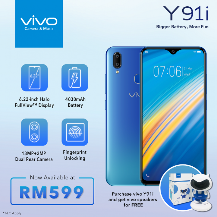 vivo Y91i将在12月16日于大马开售！4030mAh大电池容量！售价RM599+免费扬声器！