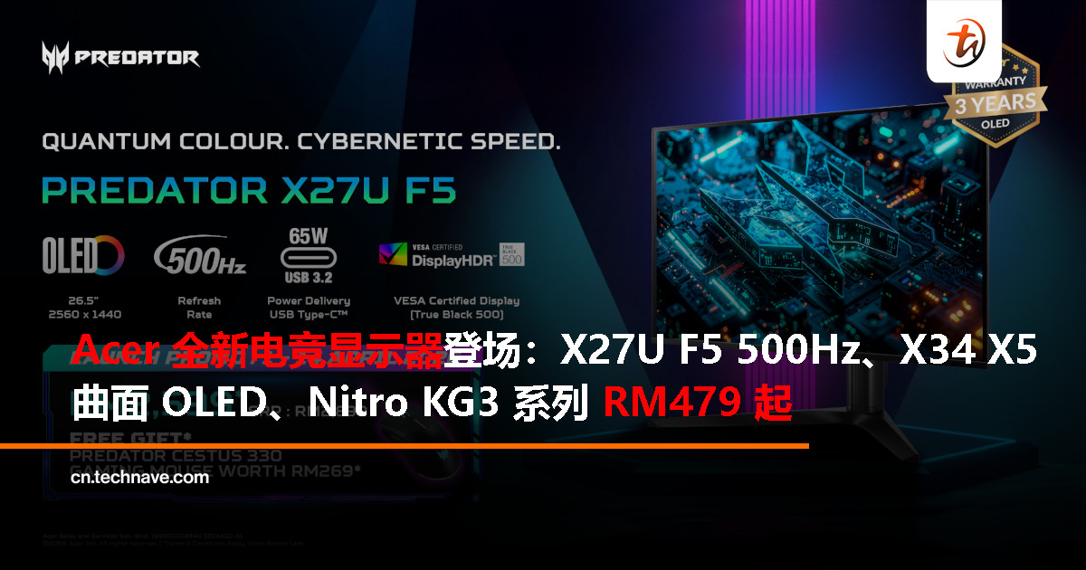 Acer 三款新电竞荧幕登场：500Hz 顶级刷新率 X27U F5、沉浸曲面 X34 X5、性价比 Nitro KG3 系列 RM479 起