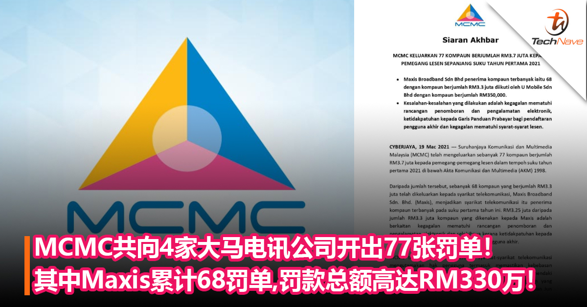 MCMC共向4家大马电讯公司开出77张罚单！其中Maxis累计68罚单：罚款总额高达RM330万！