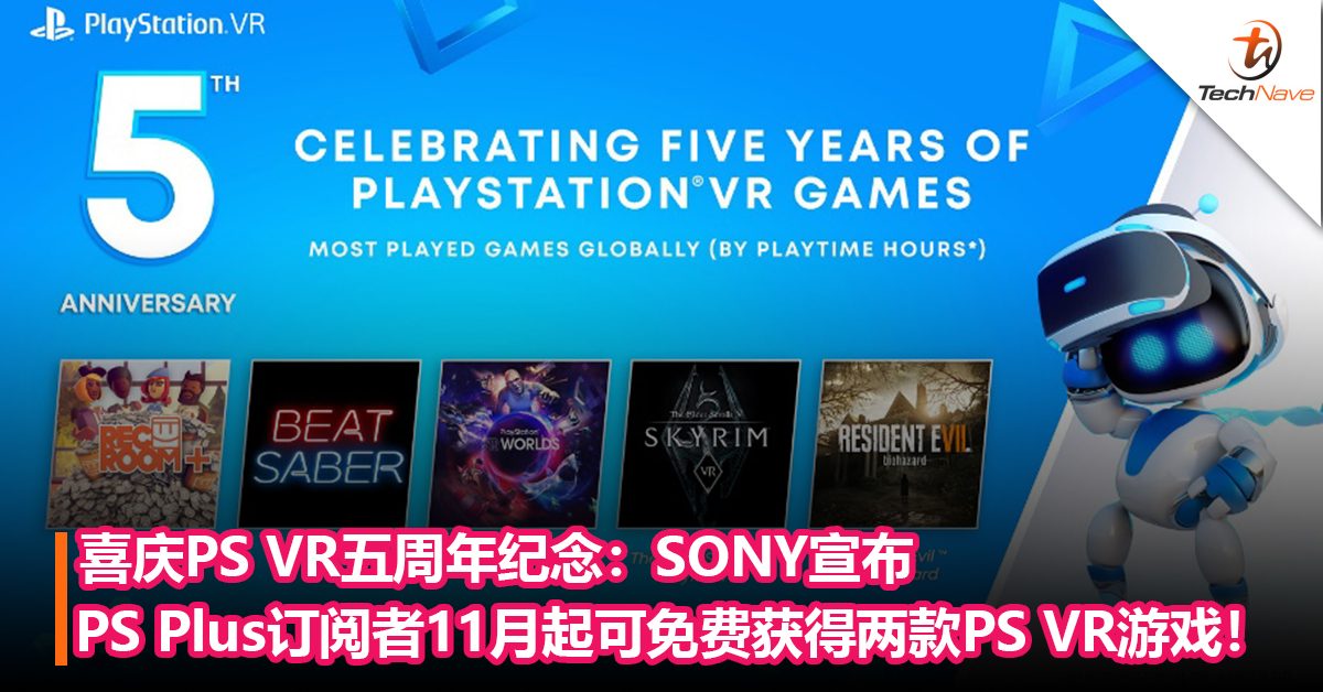 喜庆PS VR五周年纪念：SONY宣布PS Plus订阅者11月起可免费获得两款PS VR游戏！