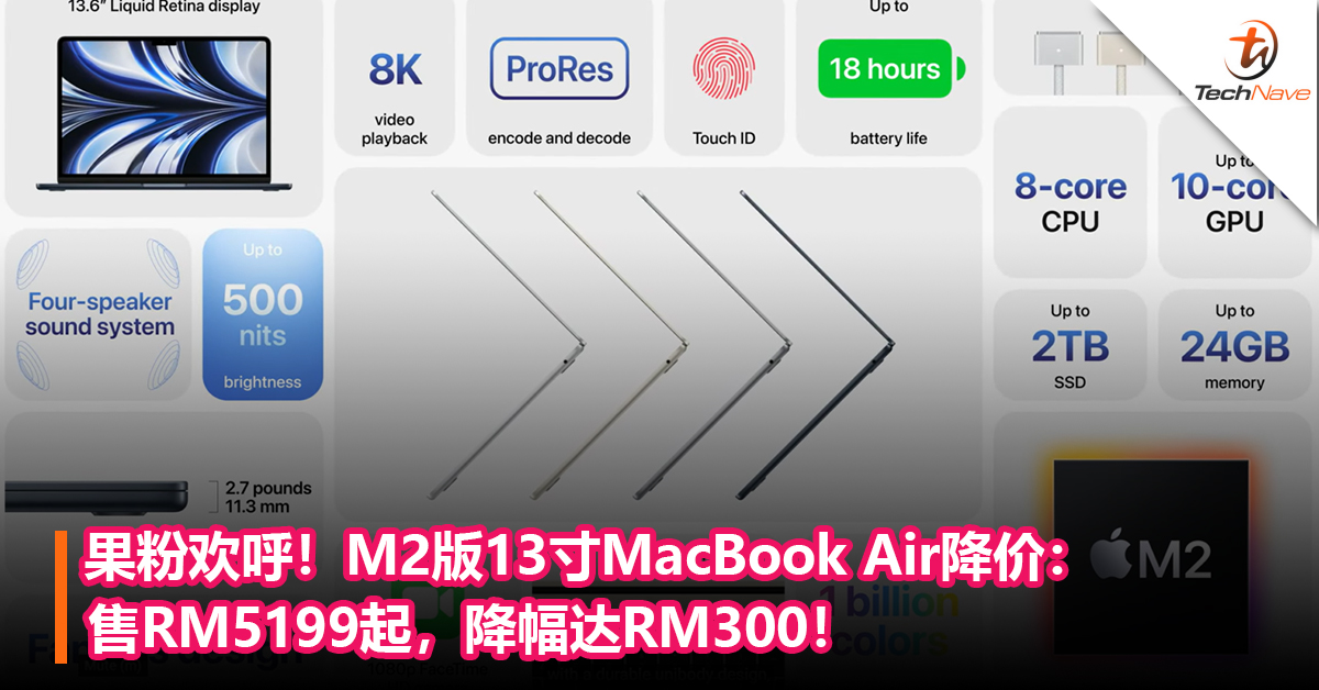 果粉欢呼！M2版13寸MacBook Air降价：售RM5199起，降幅达RM300！