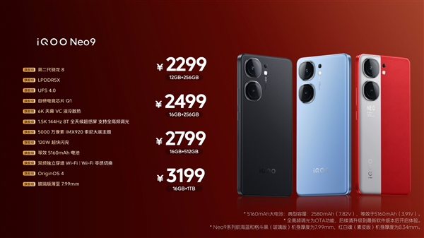 iQOO Neo 9系列中国发布：MediaTek天玑9300、5160mAh电池、120W快充