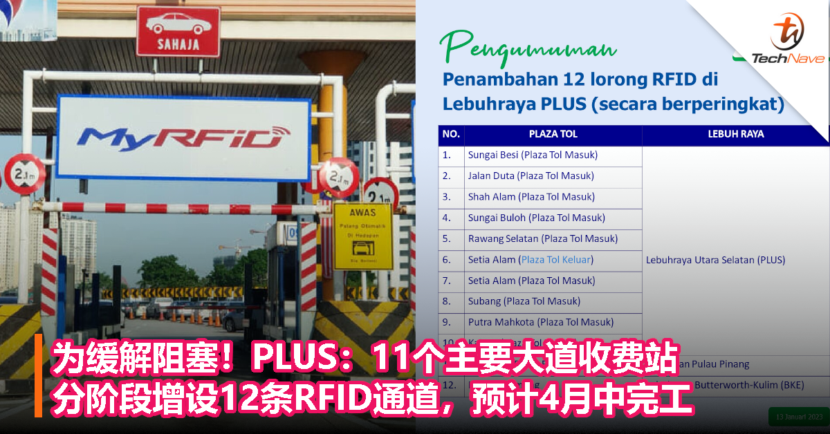 为缓解阻塞！PLUS：11个主要大道收费站，分阶段增设12条RFID通道，预计4月中完工
