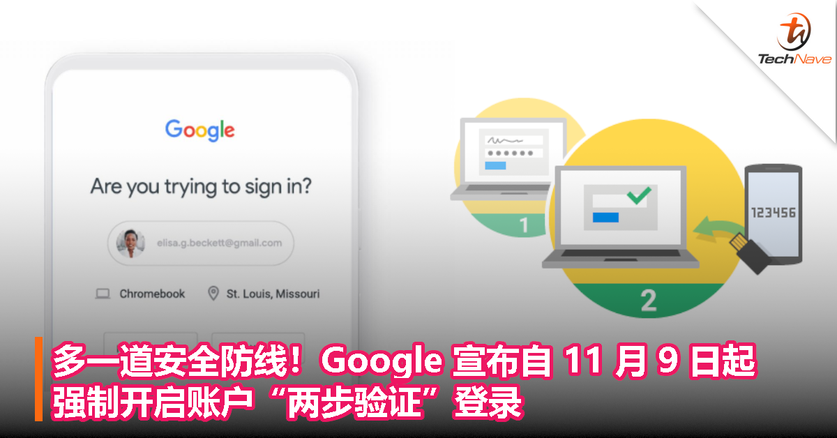 多一道安全防线！Google 宣布自 11 月 9 日起，强制开启账户“两步验证”登录！