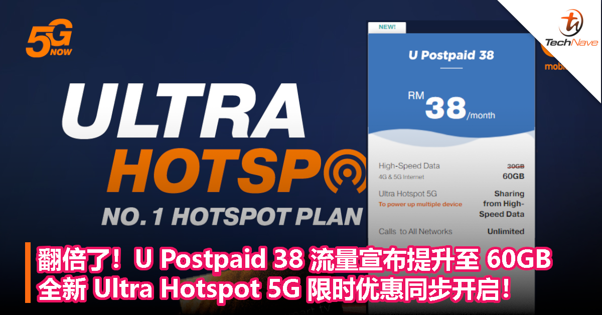 翻倍了！U Postpaid 38 流量宣布提升至 60GB，全新 Ultra Hotspot 5G 限时优惠同步开启！